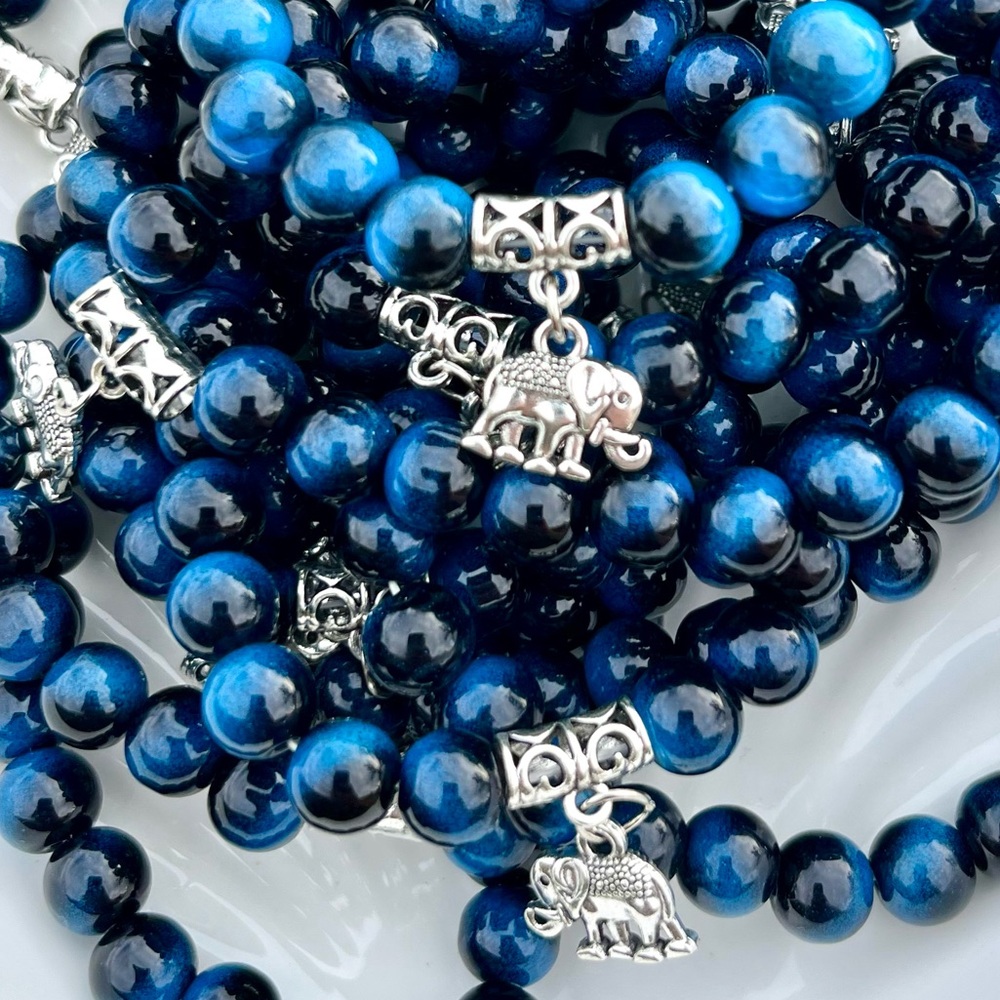 Blue & Black Glass Beaded Bracelets With Elephant Charm NWOT